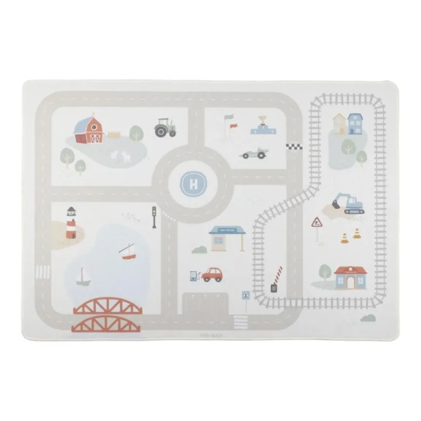 Little Dutch Igralna podloga Cars 100x140 cm s cestami in vlakci