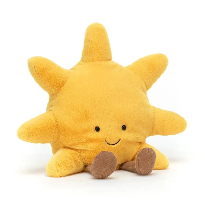Jellycat Amuseables Sun – plišasta igrača Sonček z rumenimi žarki, nasmehom in rjavima nogama