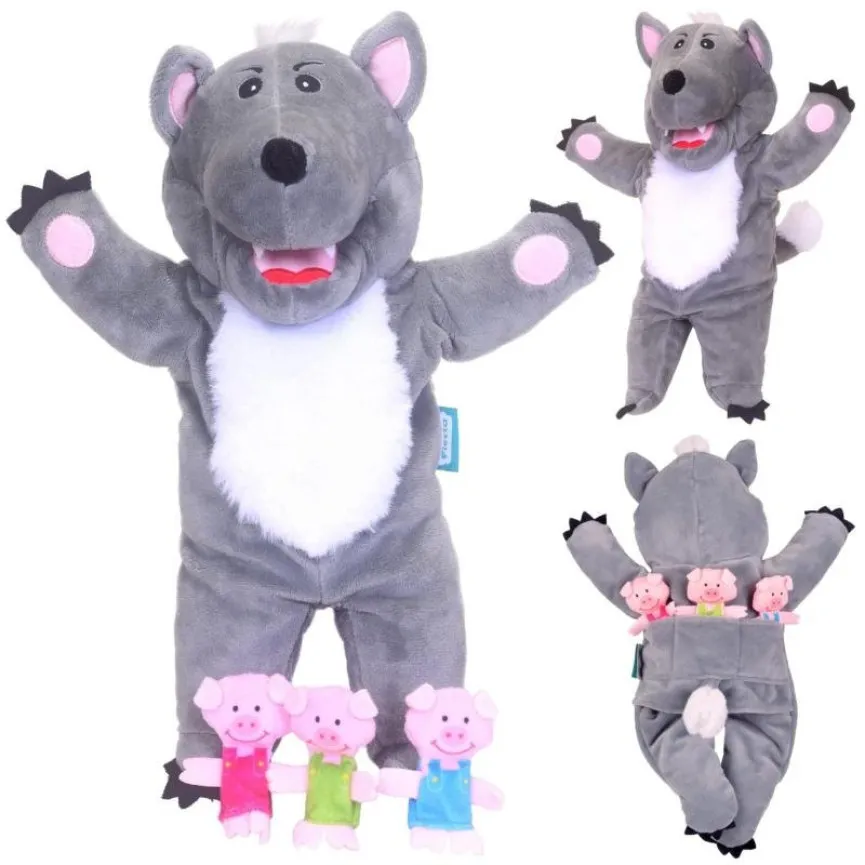 BIGJIGS TOYS Ročna lutka Volk in tri naprstne lutke prašički