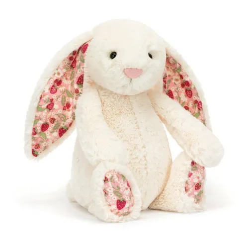 Jellycat Slovenija – zajček Blossom Cream Berry Bunny M z motivom rdečih jagod in belih cvetov na rožnati podlagi