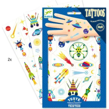 Djeco začasni tatuji za otroke Space z glow in the dark motivi
