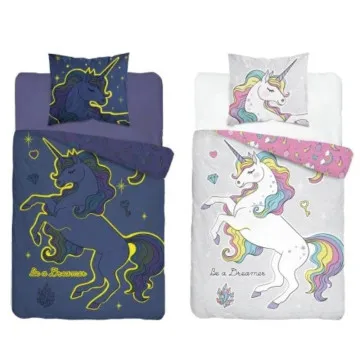 HOLLAND Posteljnina Samorog Mavrica Pink & Grey 140x200 Glow in the dark